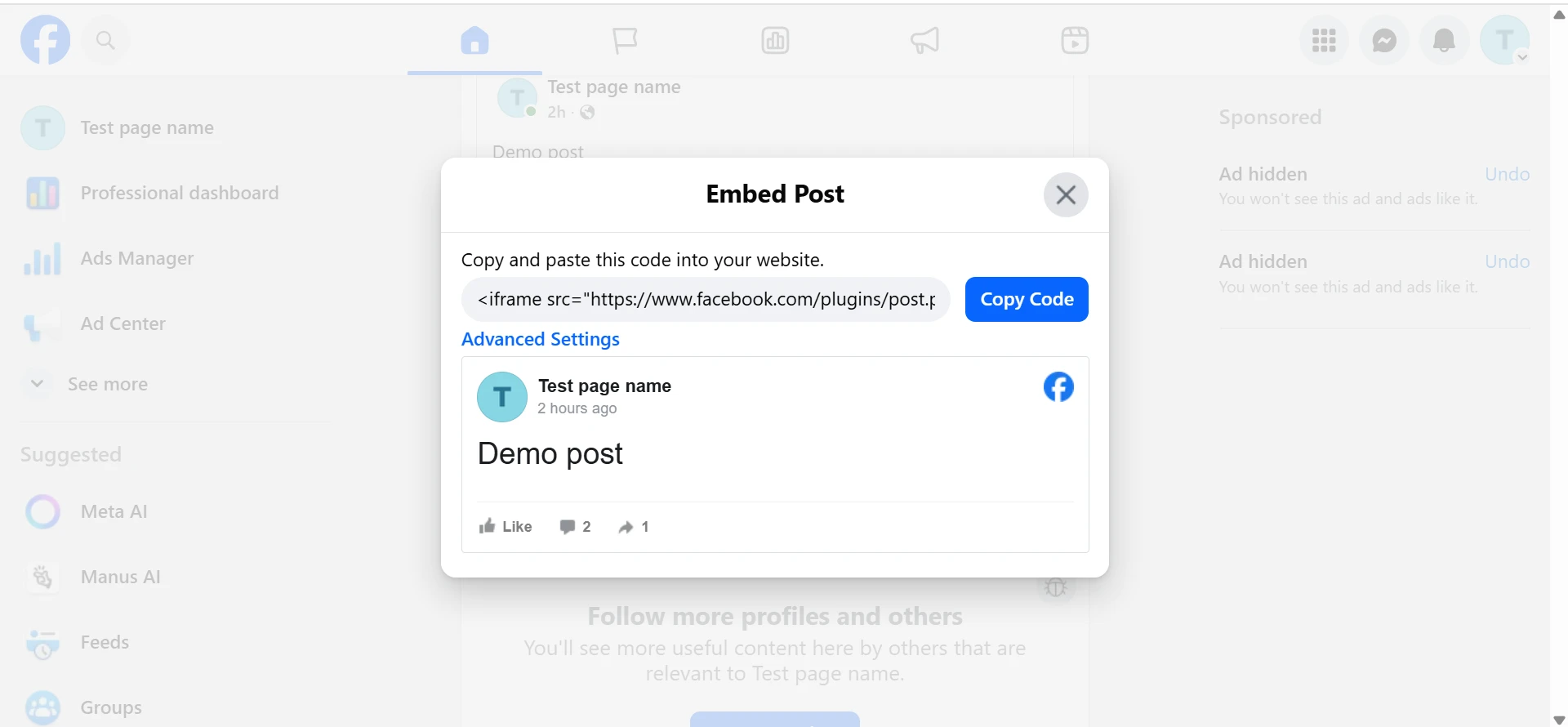 Close embed modal