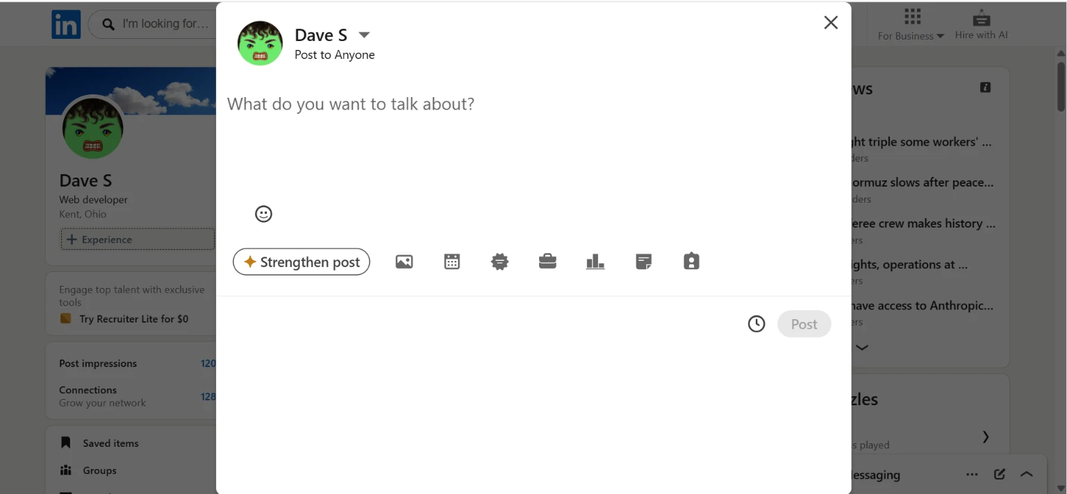 Create post modal more menu open