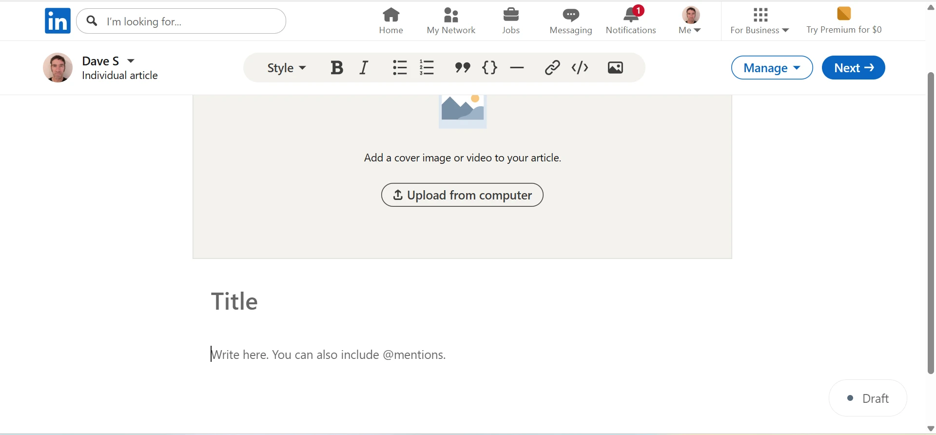 New Article Screen