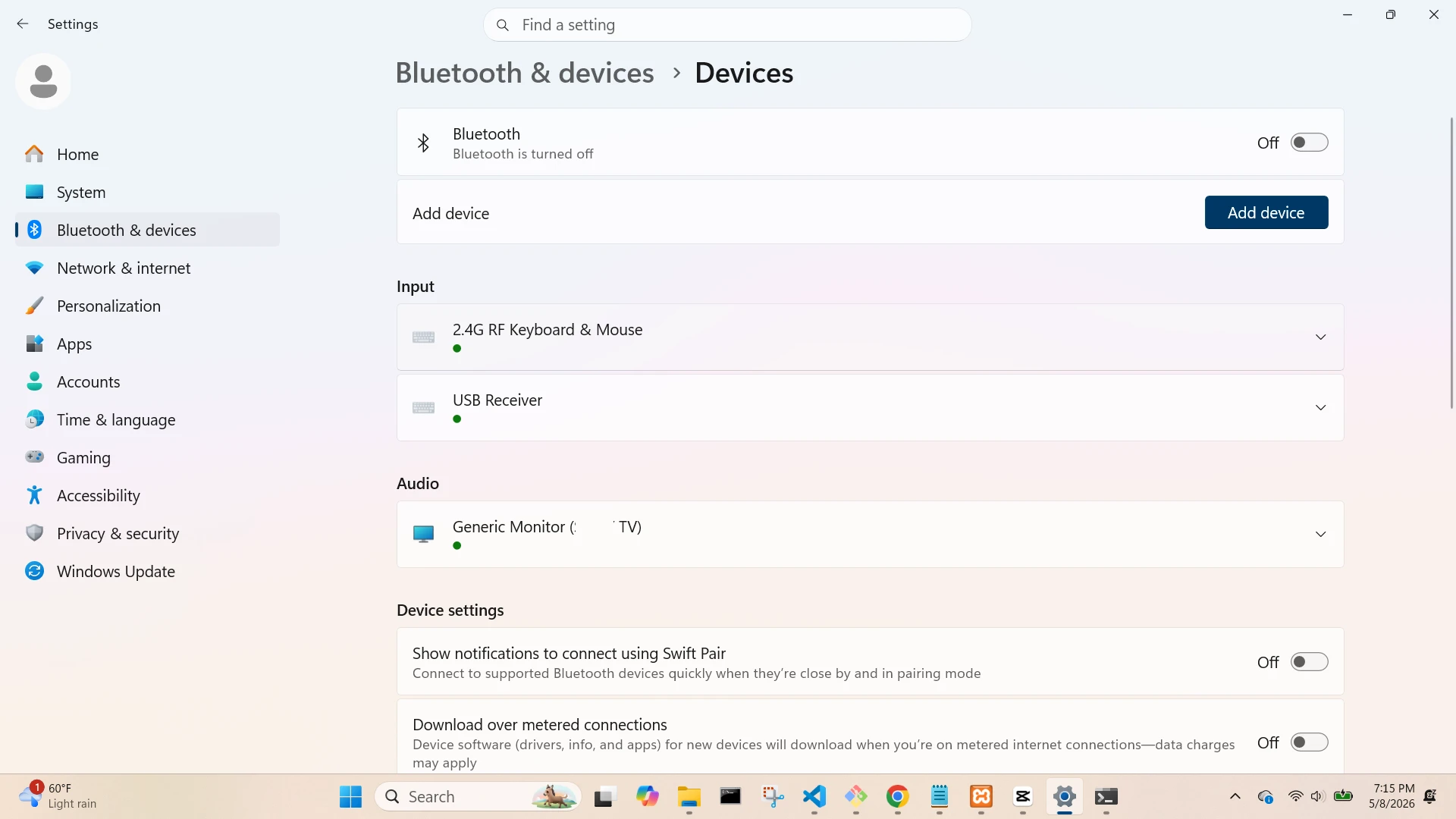 Bluetooth and Devices Devices Screen