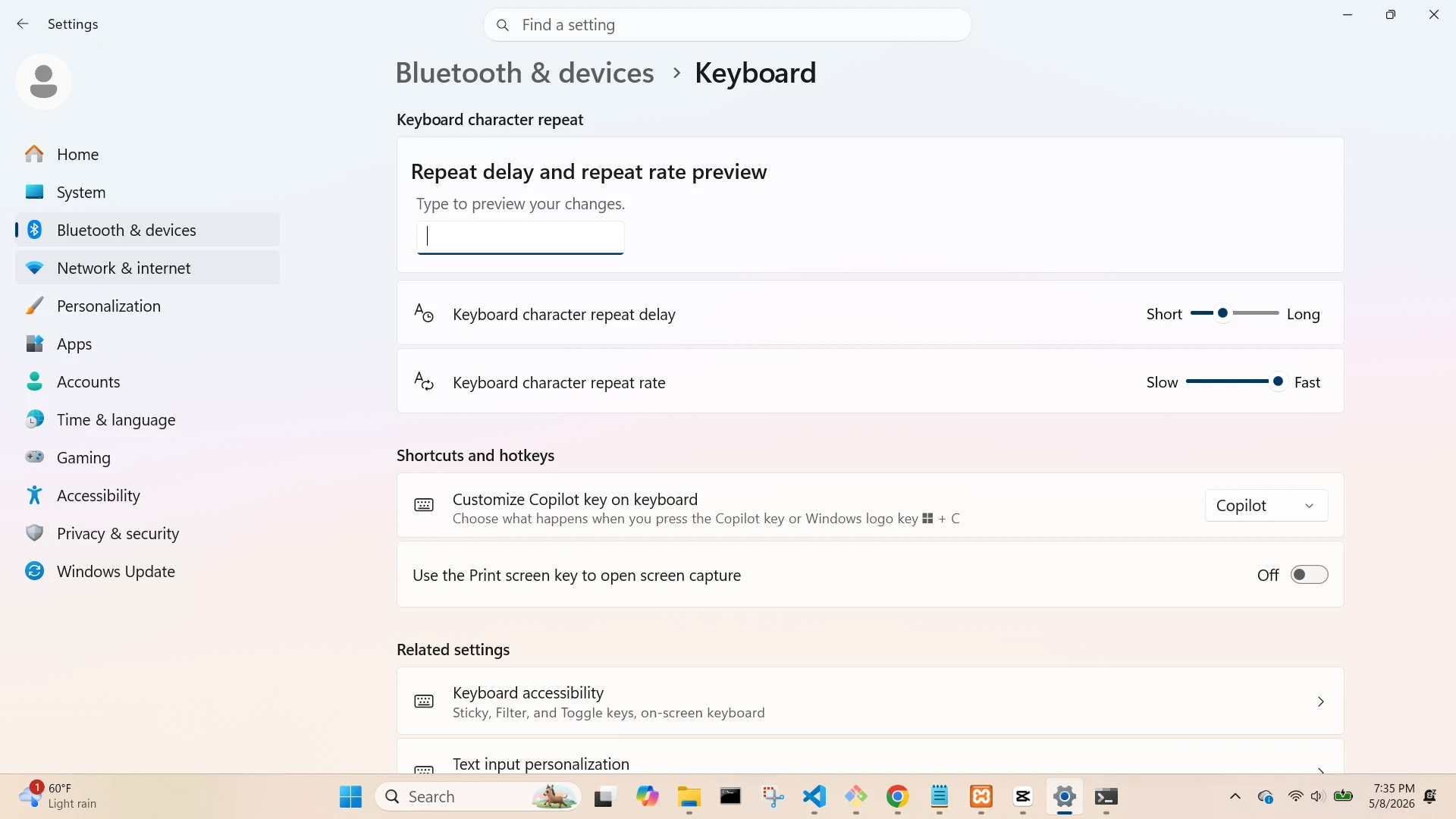 Bluetooth and Devices Keyboard Screen