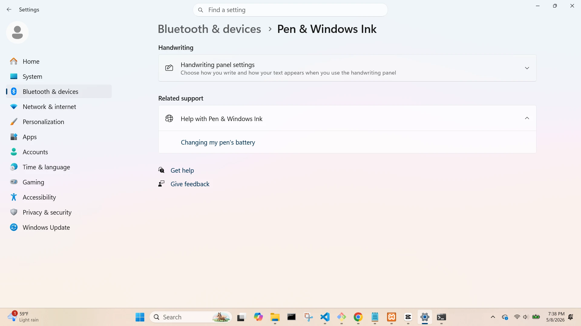 Bluetooth and Devices Pen and Windows Ink Screen