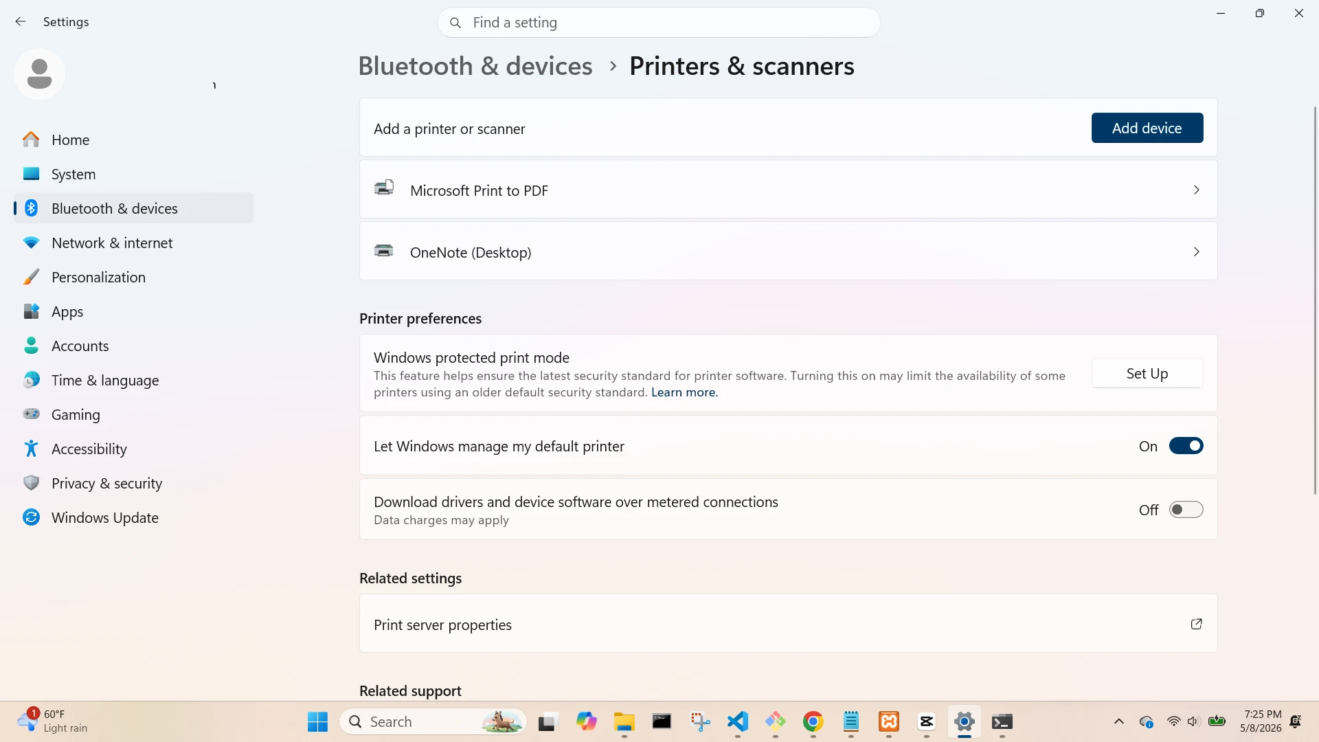 Bluetooth and Devices Printers and Scanners Screen