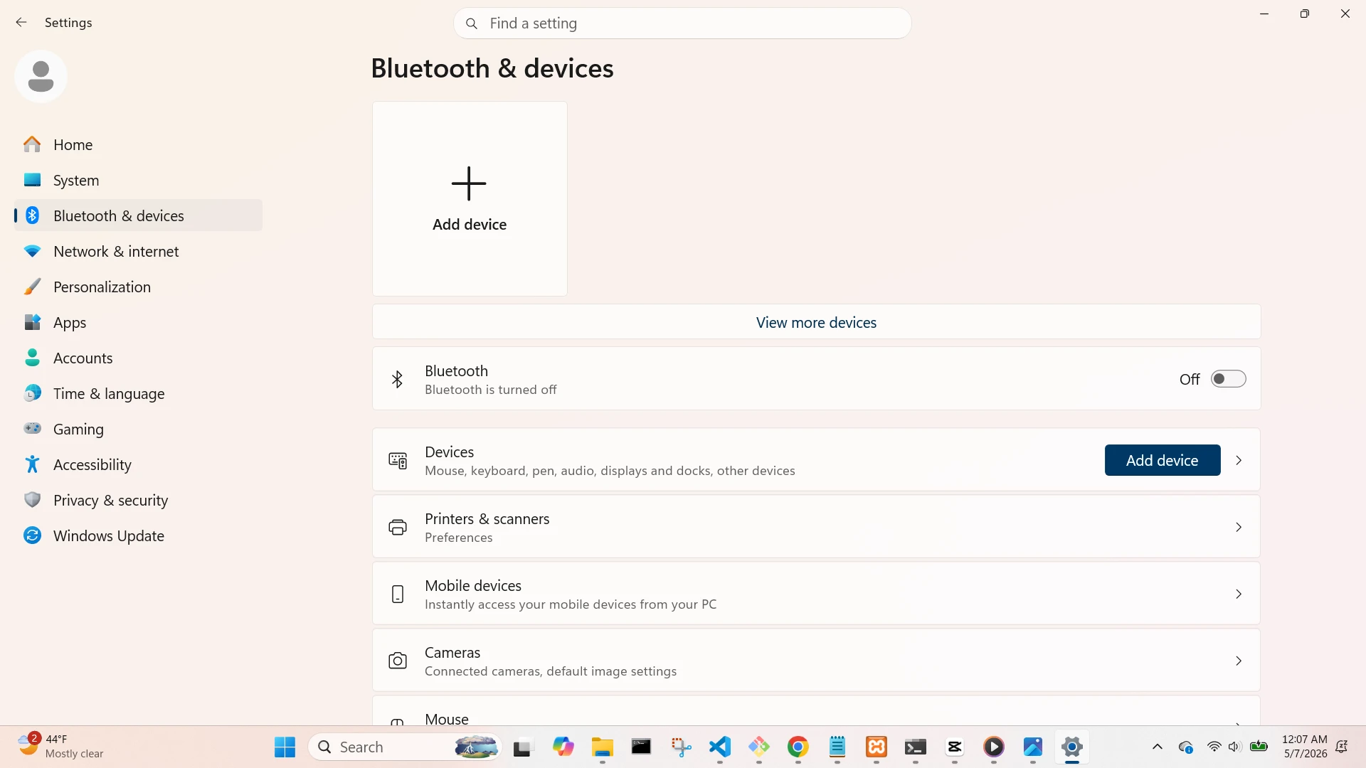 Bluetooth and Devices Screen