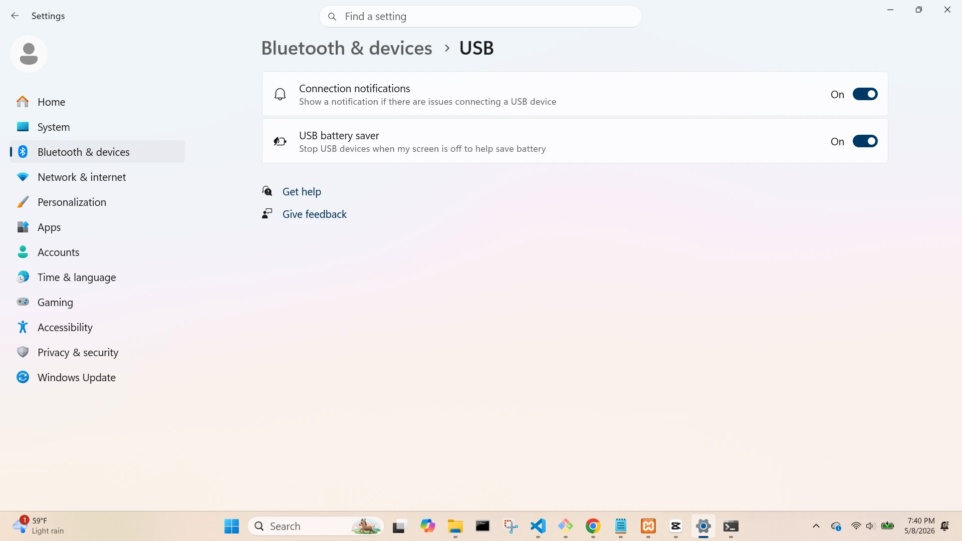 Bluetooth and Devices USB Screen