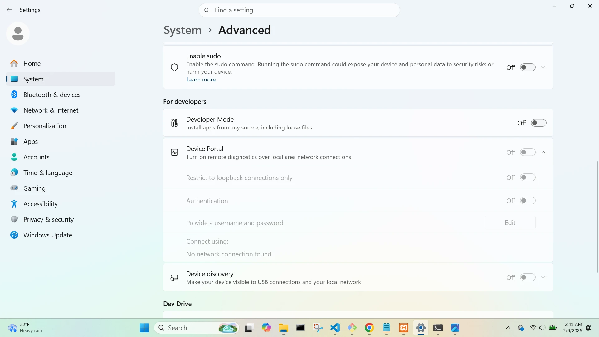 System Advanced Device Portal Menu Open Screen