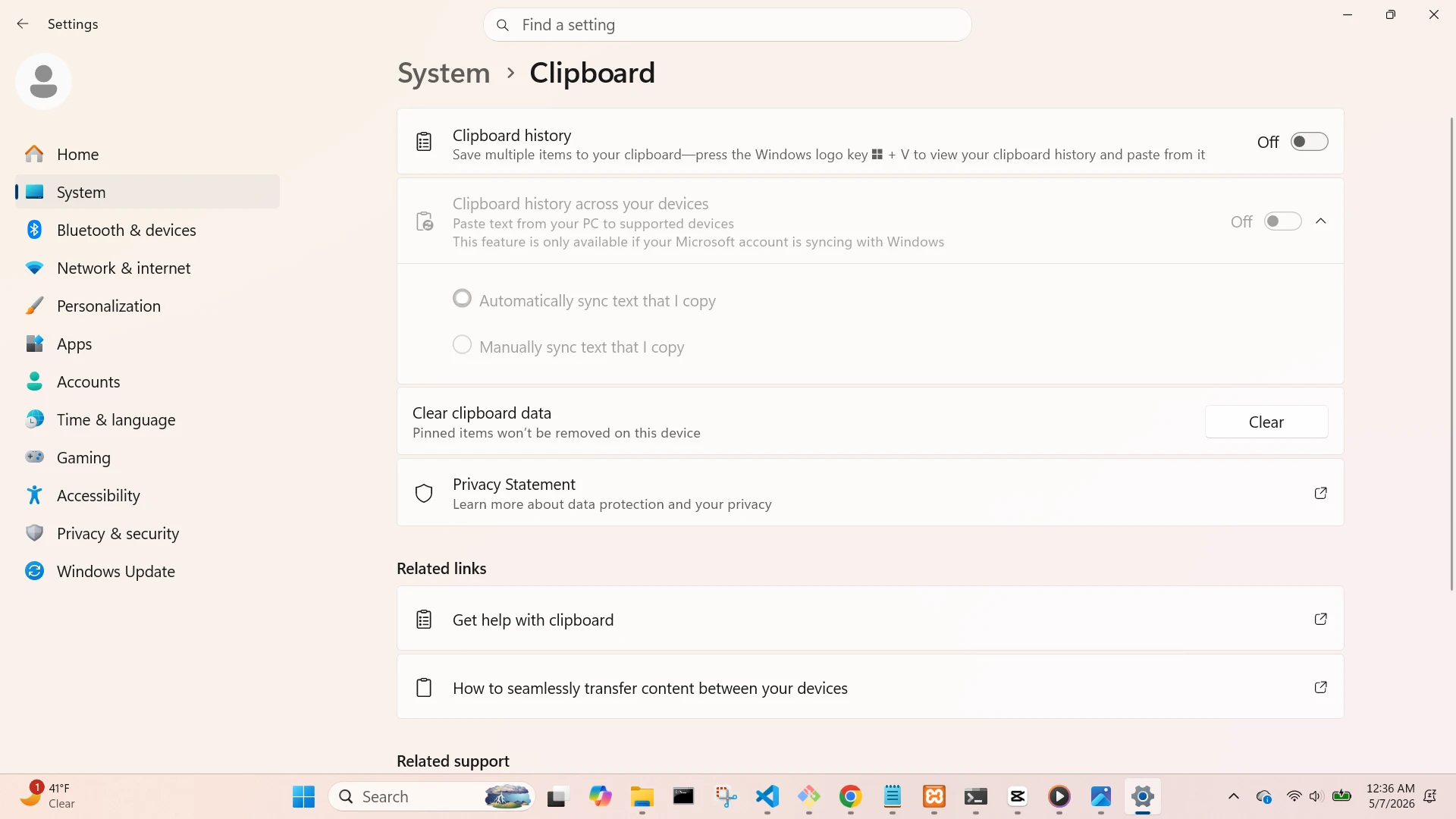 Clipboard Settings Screen