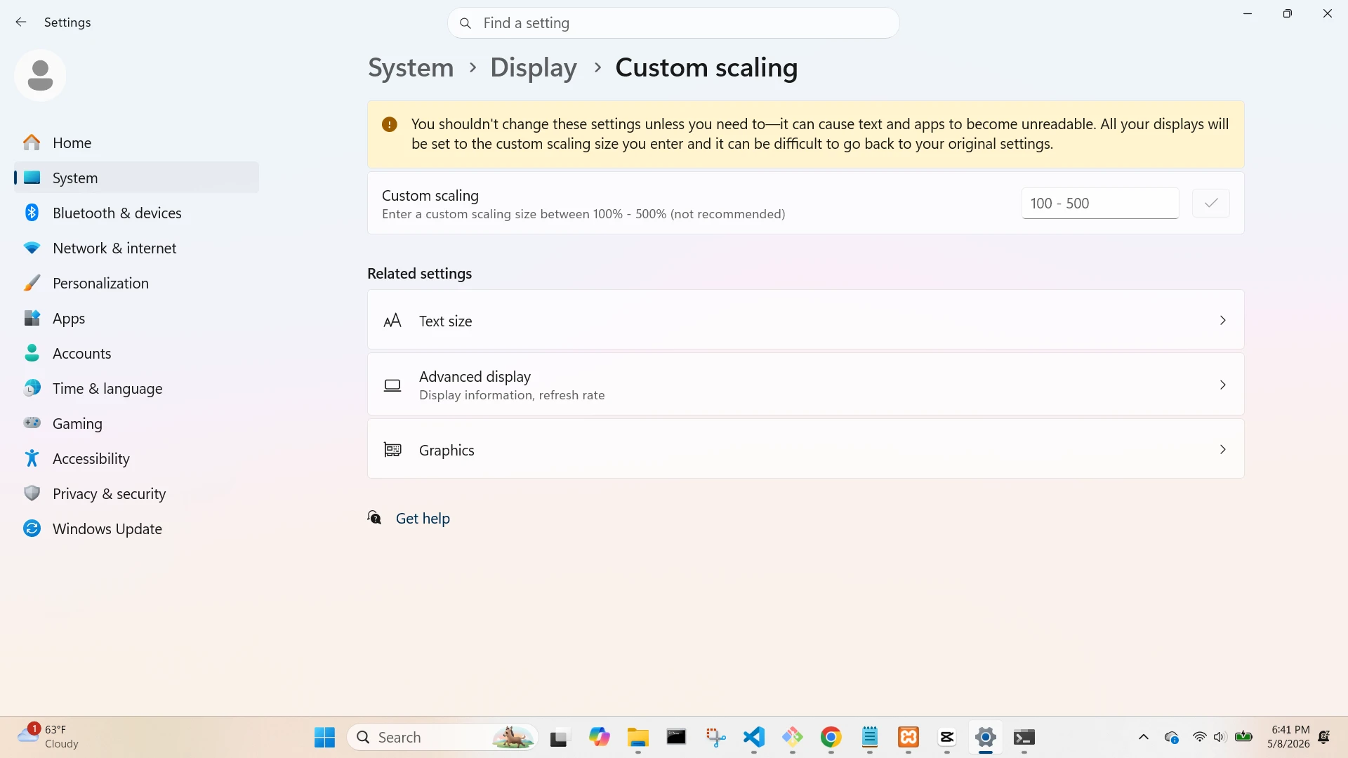 Display Custom Scaling Screen