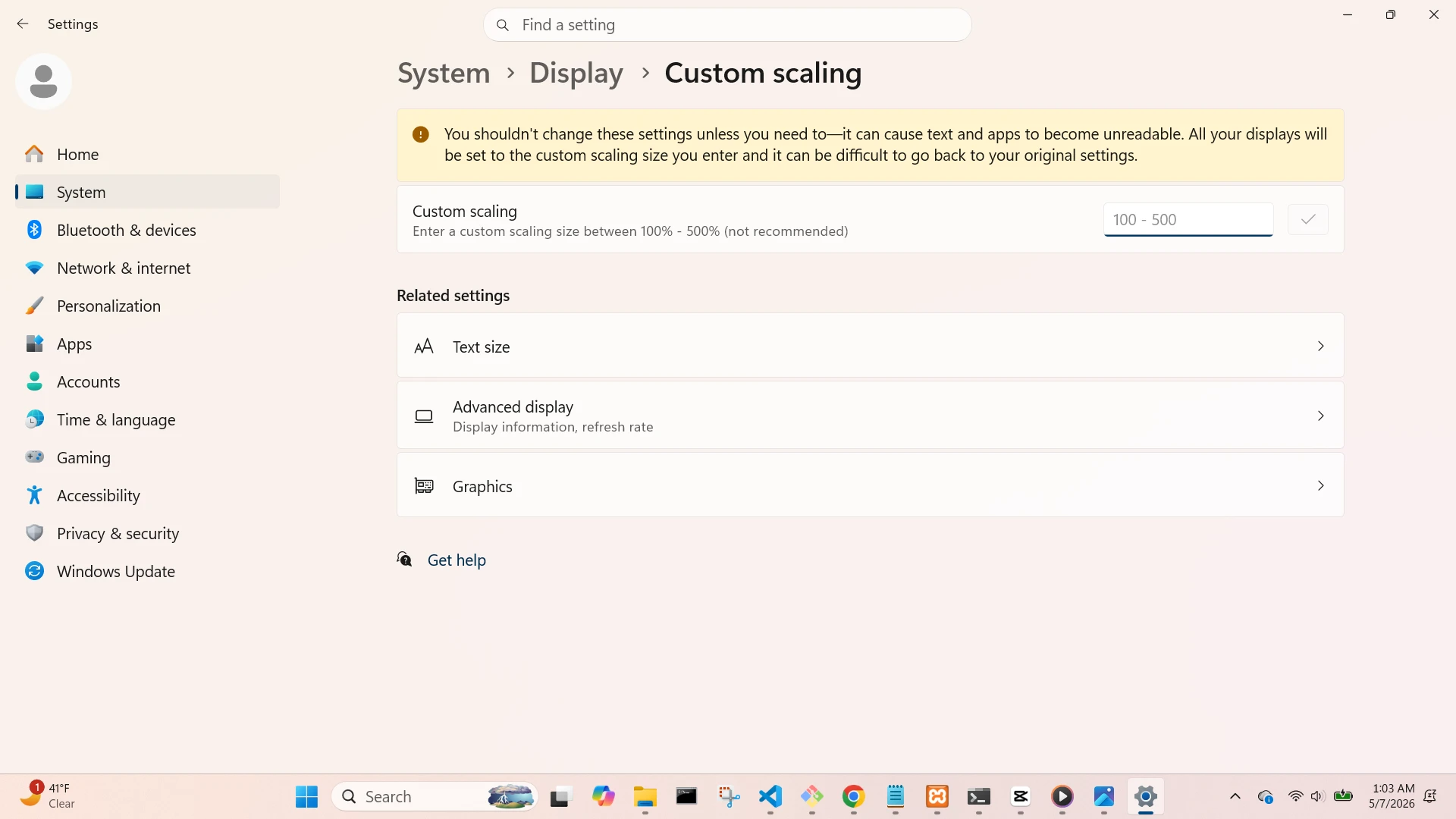 Display Scale and Layout Screen