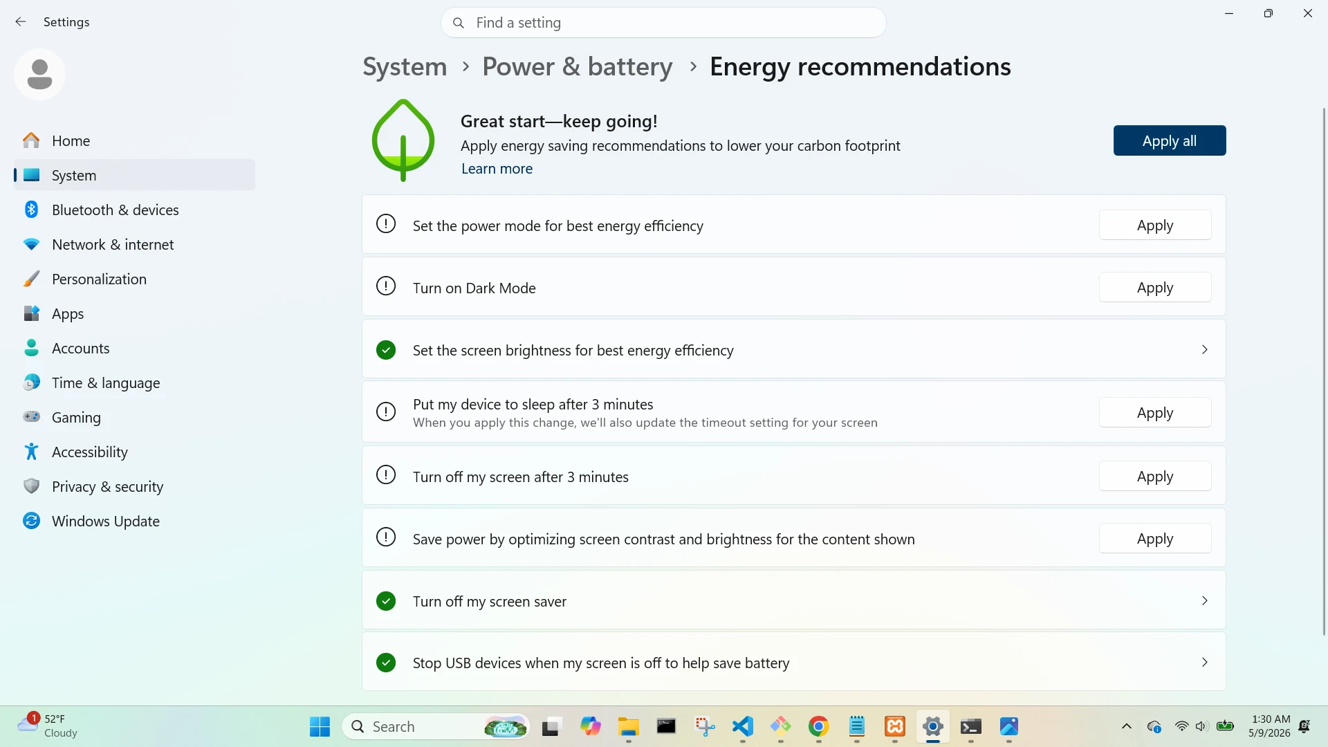System Power and Battery Energy Recommendations Screen