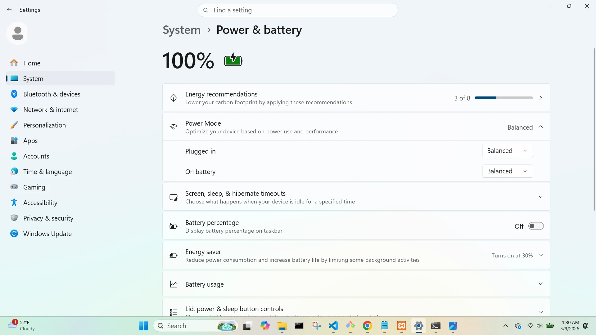 System Power and Battery Power Mode Menu Open Screen