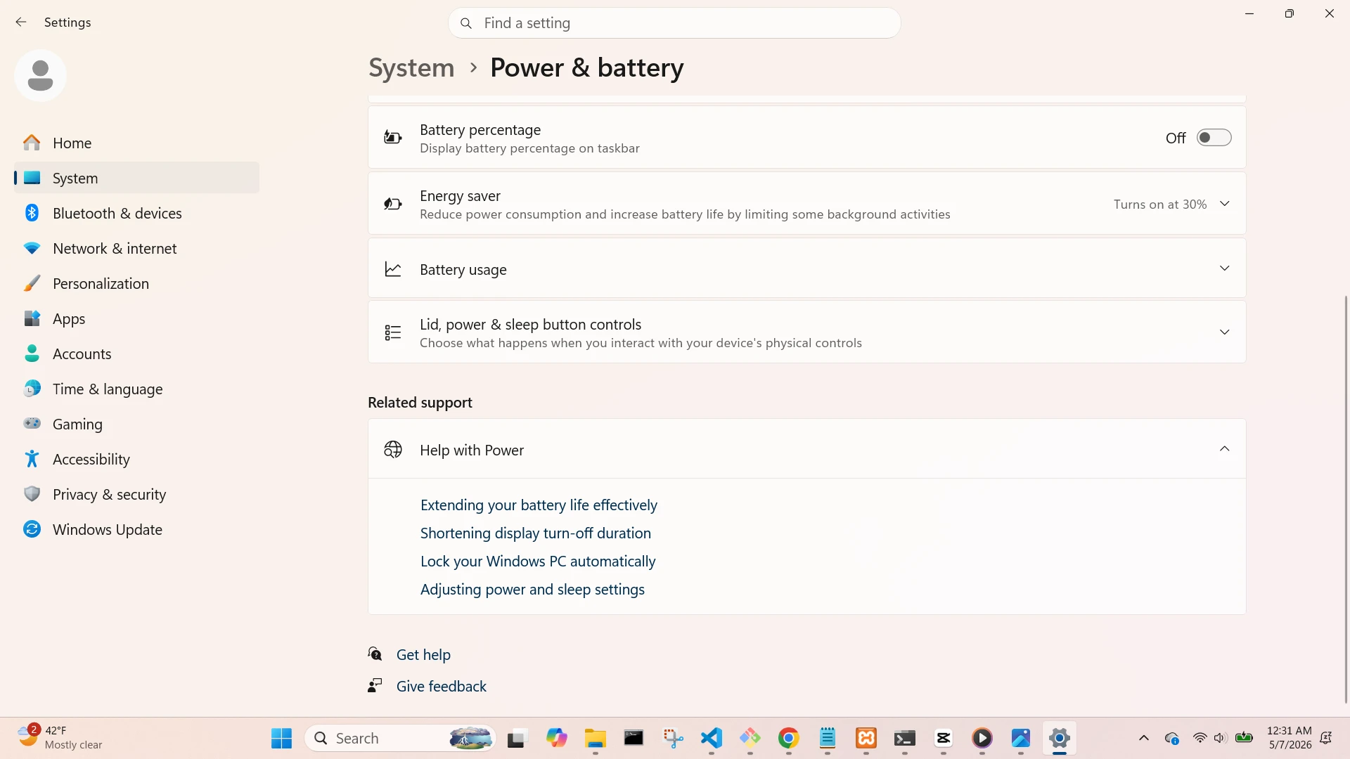 System Power and Battery Screen (Scrolled 1)