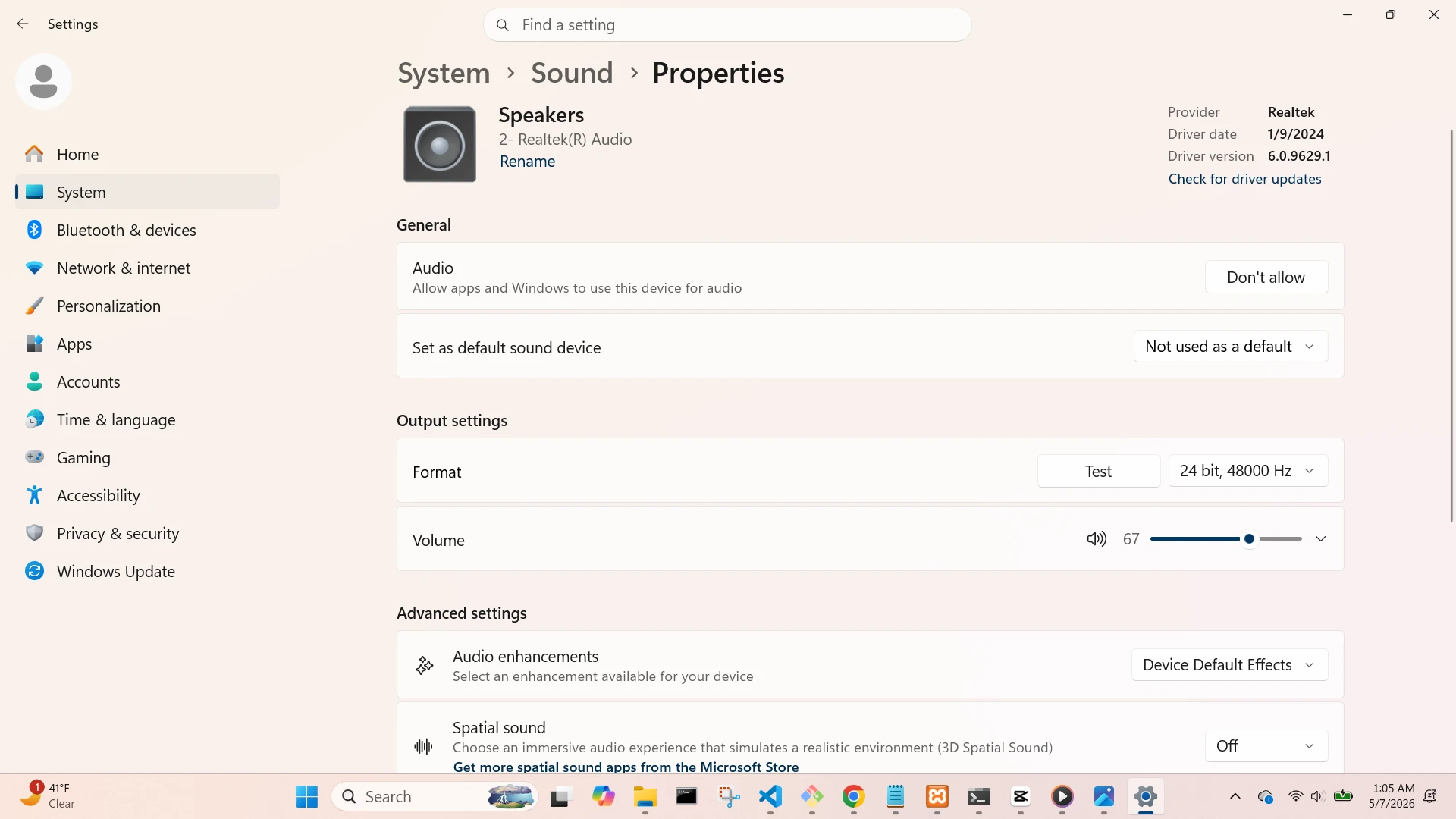 Sound Output Properties Screen