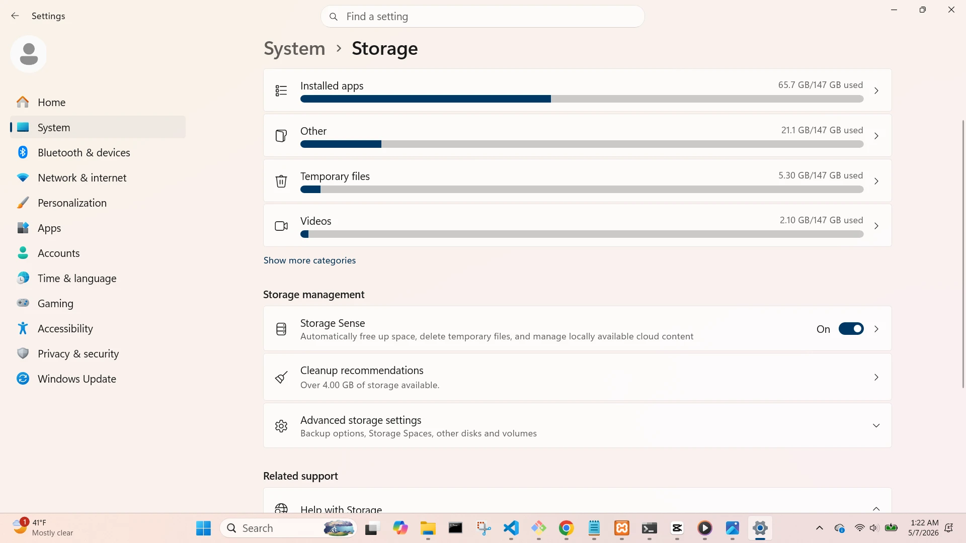 Storage Settings Screen