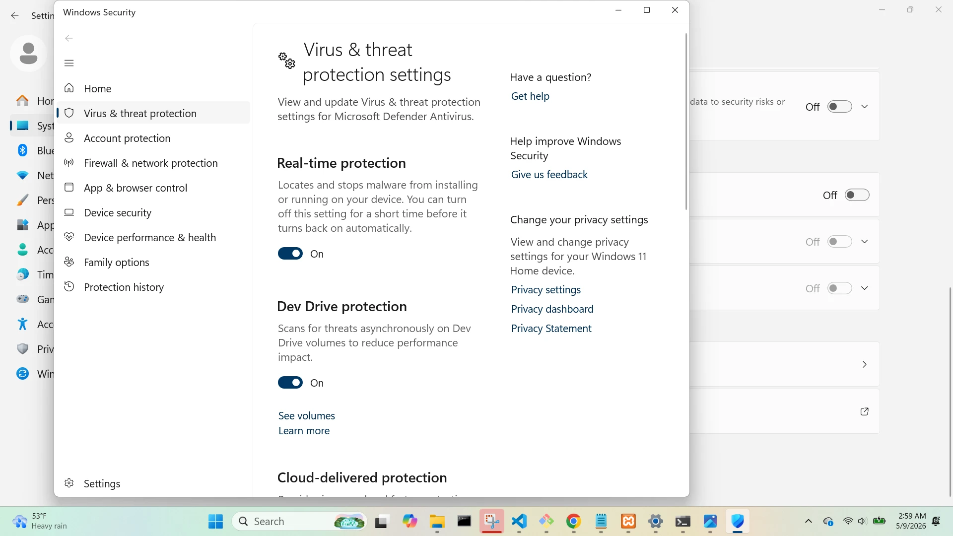 Virus and Threat Protection Settings Modal